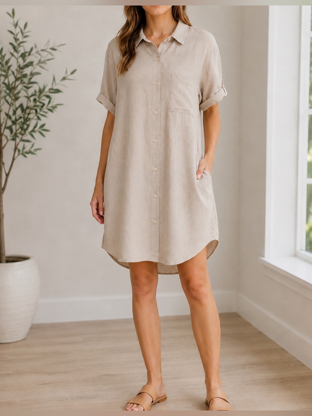 Old Navy Beige Linen Blend Shirt Dress XL Button Front Pockets